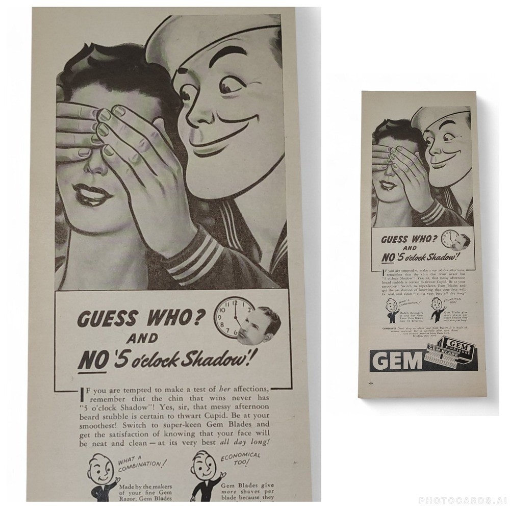 1943 Guess Who? No 5 O'Clock Shadow Romance Cartoon GEM Razor Blades Print Ad
